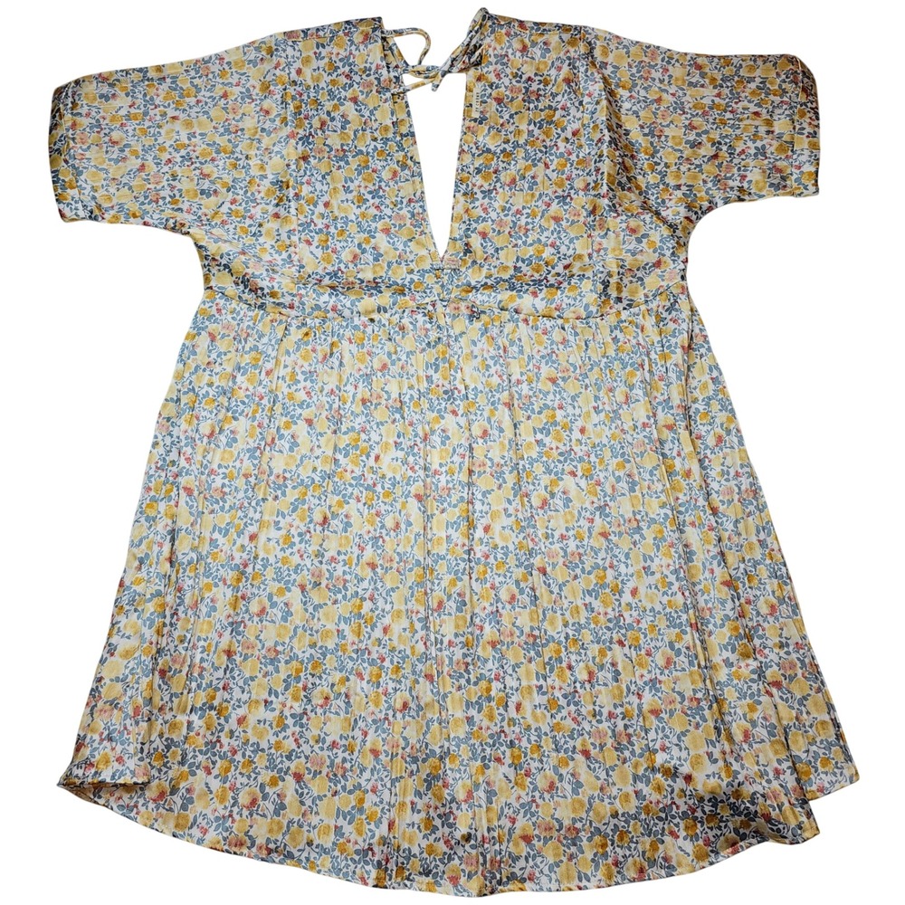 En Creme Floral Print Pleated Mini Dress Tie Back Neck S